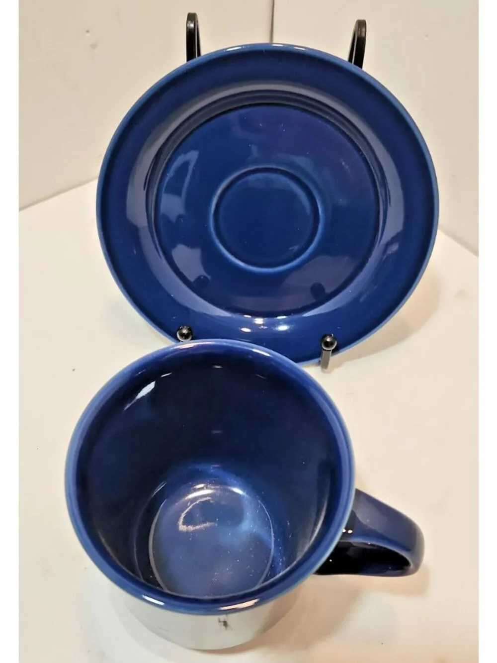 Vtg Set 3 Nancy Calhoun Stoneware Sapphire Blue Cups & Saucers